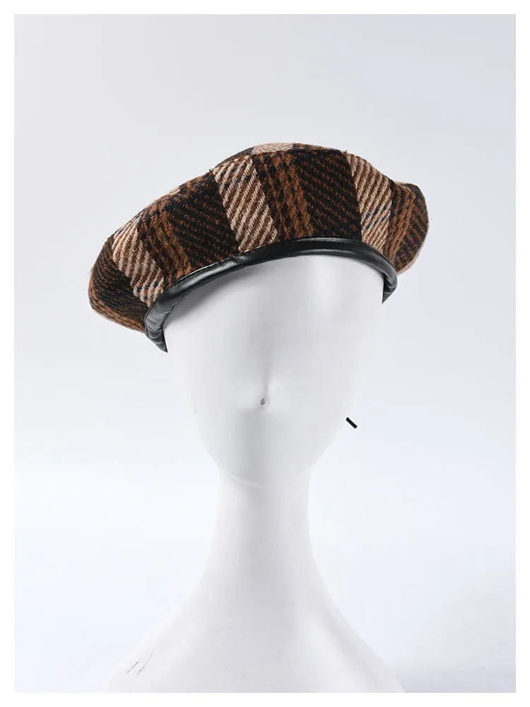 Retro Fashion Women's Plaid Adjustable Rope Beret for Fall-Winter