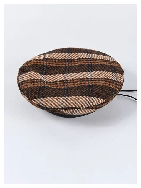 Retro Fashion Women's Plaid Adjustable Rope Beret for Fall-Winter