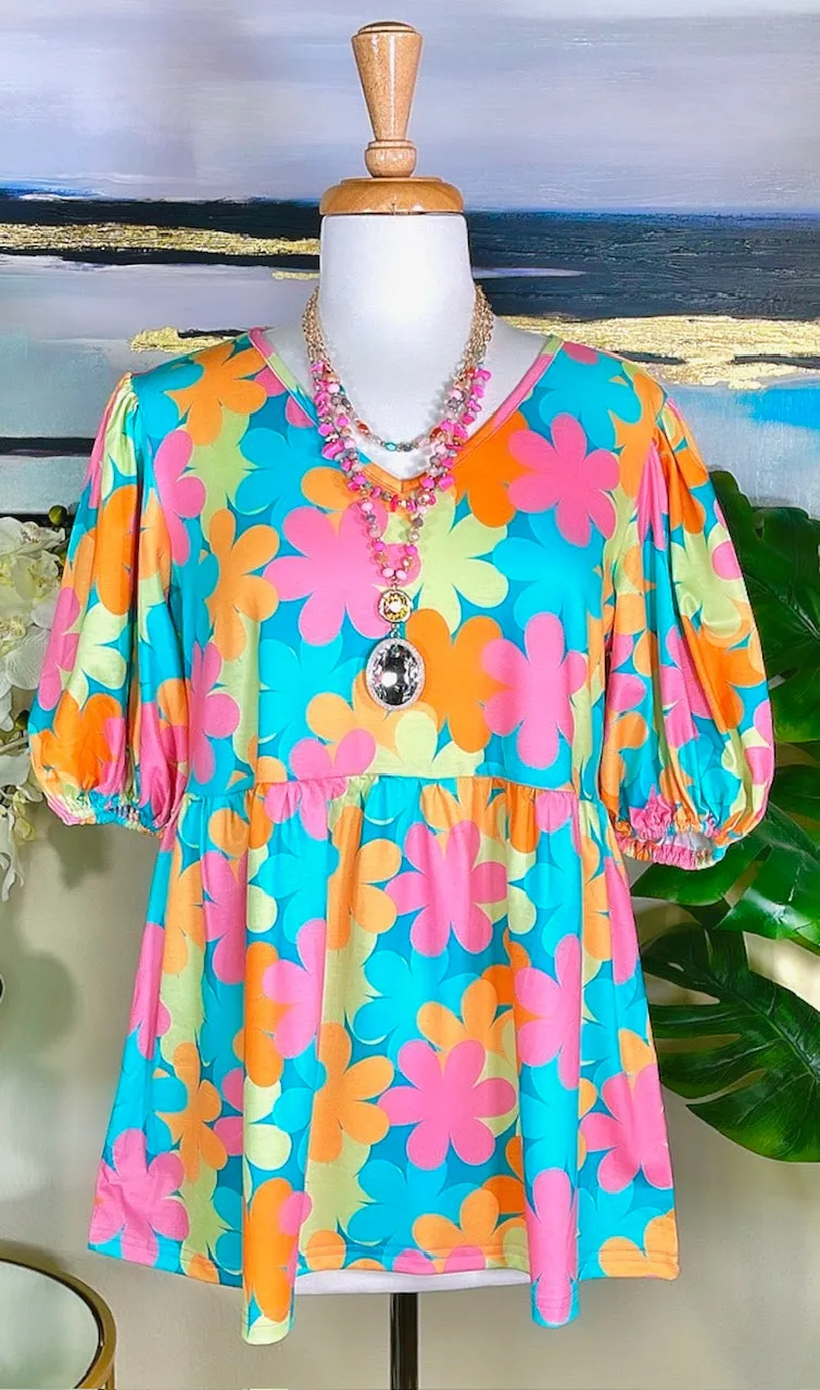 S-M : Colorful Daisy Baby Doll top