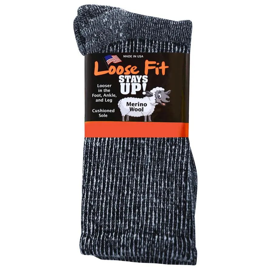 Sale: 6-Pack Loose Fit Stays Up Marled Merino Wool Crew Socks Made in USA by Extra Wide