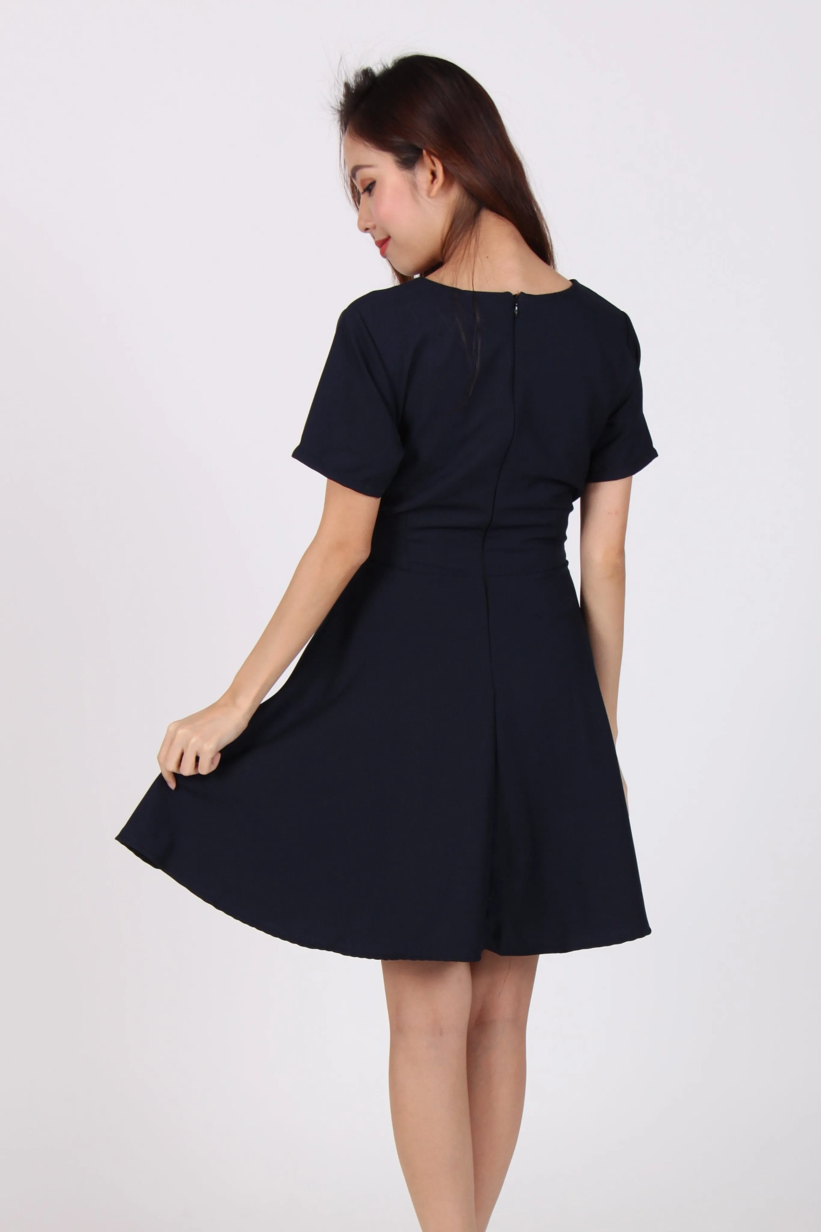 Sleeve Contrast Belt Skater Dress in Navy Blue