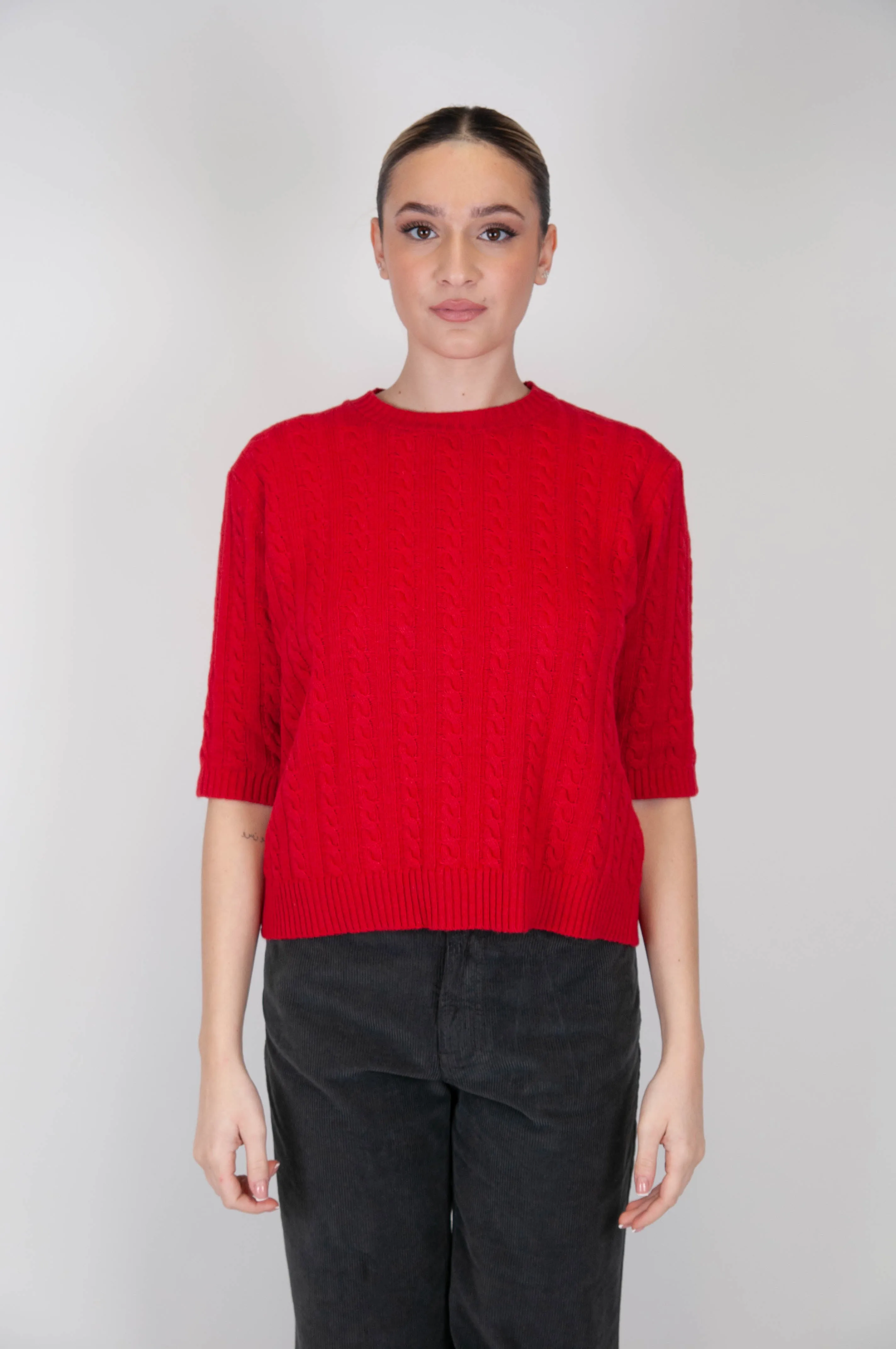 Tensione in - Maglia girocollo con trecce in misto cashmere manica 3/4