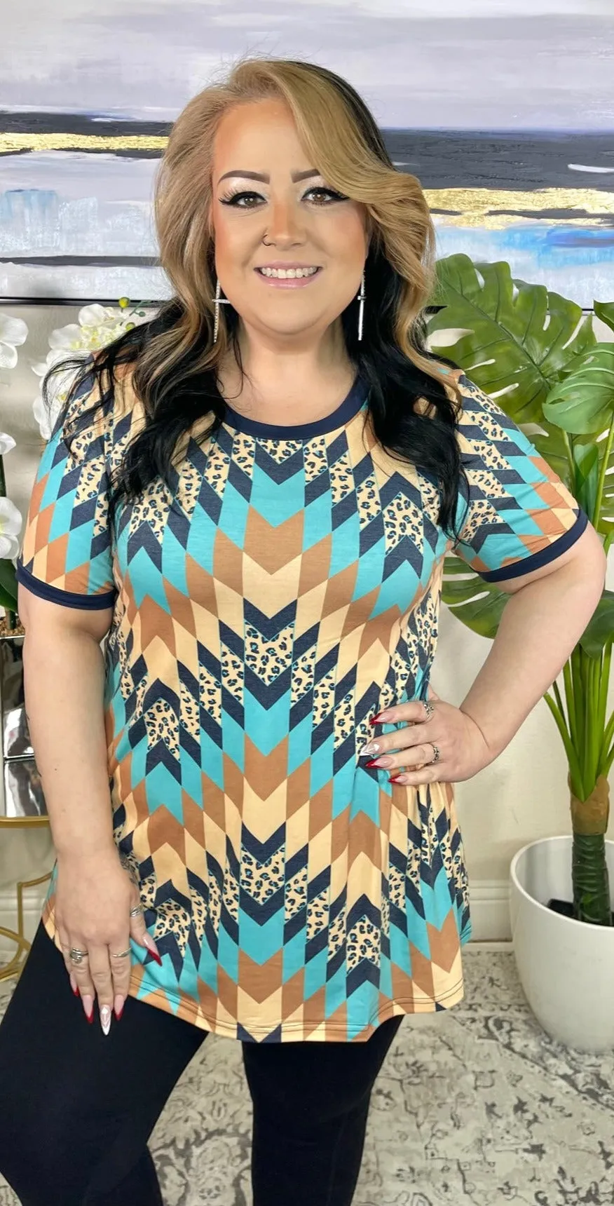 Turquoise, Tan & Blue Tribal short sleeve top