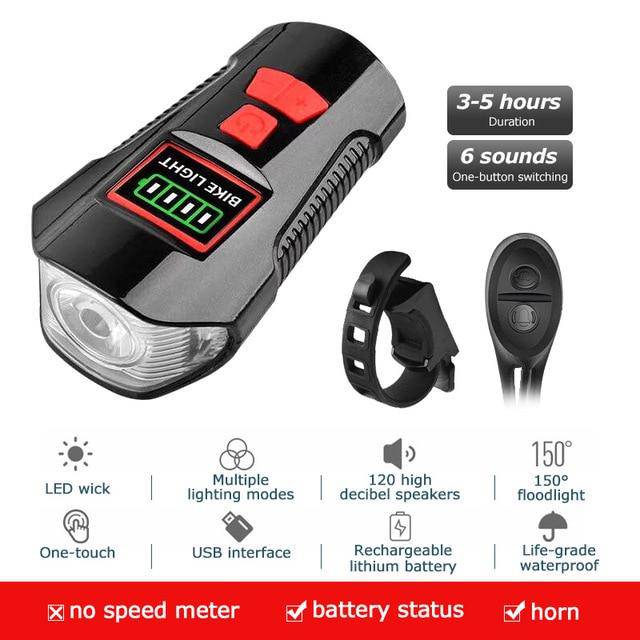 Waterproof Bicycle Light USB Charging Bike Front Light Flashlight Handlebar Cycling Head Light w/ Horn Speed Meter LCD