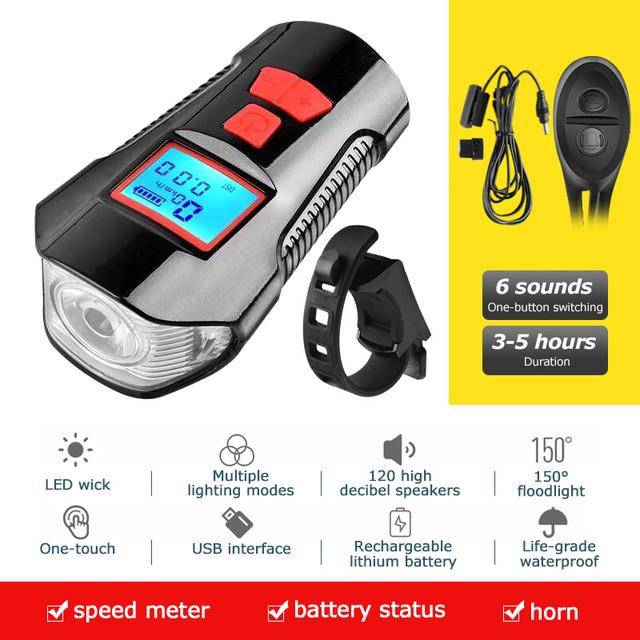 Waterproof Bicycle Light USB Charging Bike Front Light Flashlight Handlebar Cycling Head Light w/ Horn Speed Meter LCD