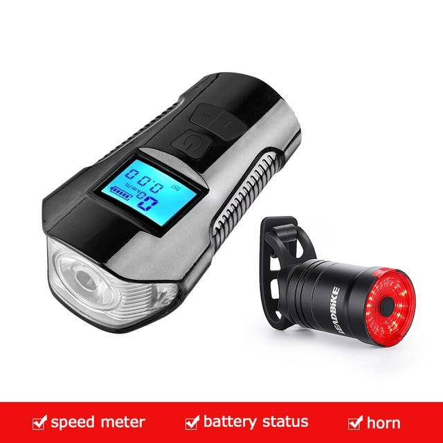 Waterproof Bicycle Light USB Charging Bike Front Light Flashlight Handlebar Cycling Head Light w/ Horn Speed Meter LCD