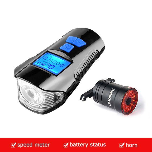 Waterproof Bicycle Light USB Charging Bike Front Light Flashlight Handlebar Cycling Head Light w/ Horn Speed Meter LCD