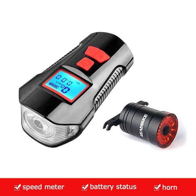 Waterproof Bicycle Light USB Charging Bike Front Light Flashlight Handlebar Cycling Head Light w/ Horn Speed Meter LCD