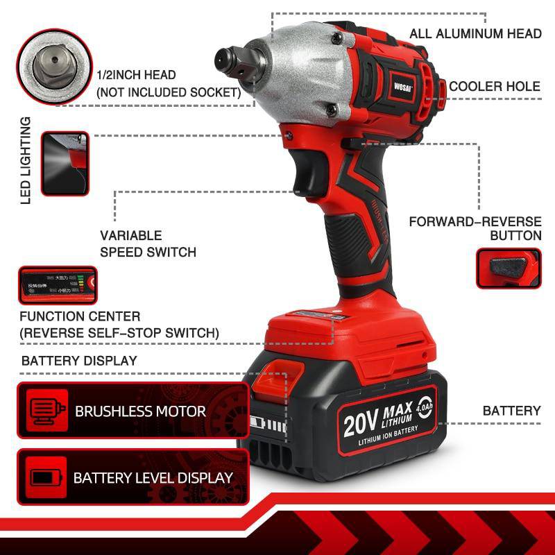 WOSAI 20V Cordless Brushless Electric Wrench Impact Wrench Socket Wrench 320N.m 4.0AH Li Battery